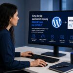 Kobieta pracuje przy komputerze nad konwersją strony WordPress do HTML