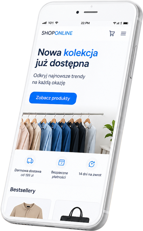 Telefon prezentujący nowoczesny sklep internetowy z kolekcją produktów