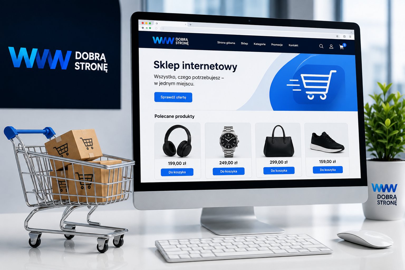 Sklepy internetowe przedstawione na ekranie komputera z koszykiem zakupowym