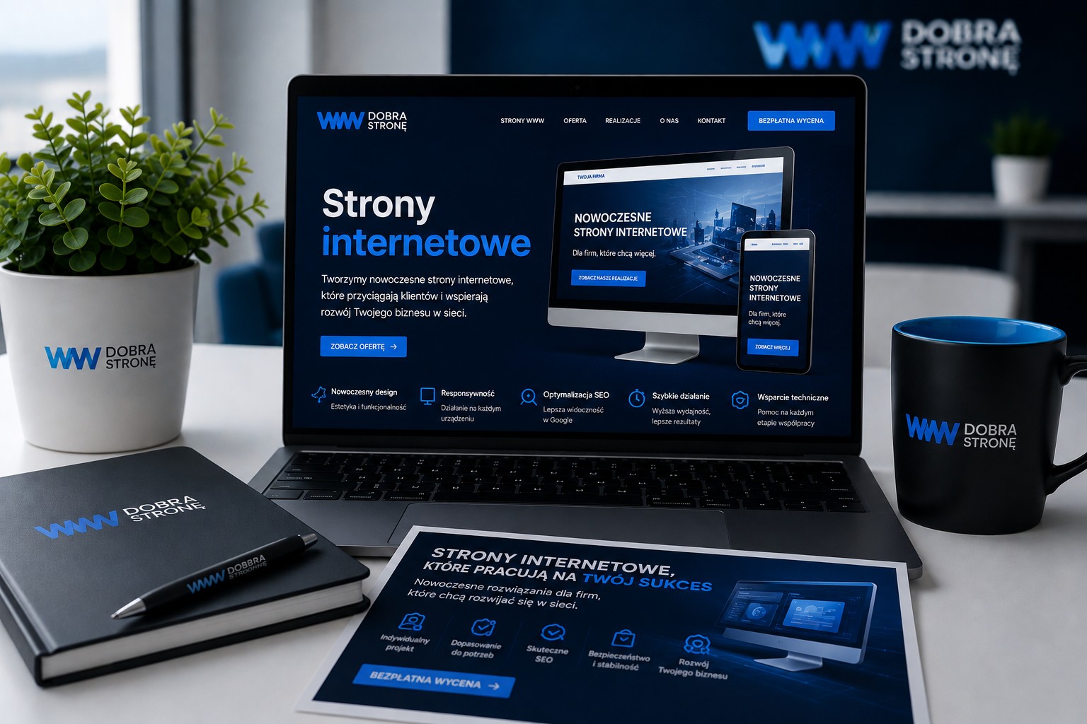 Laptop z projektem strony internetowej na biurku w nowoczesnym biurze