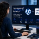Woman working at a computer on converting a WordPress website to HTML